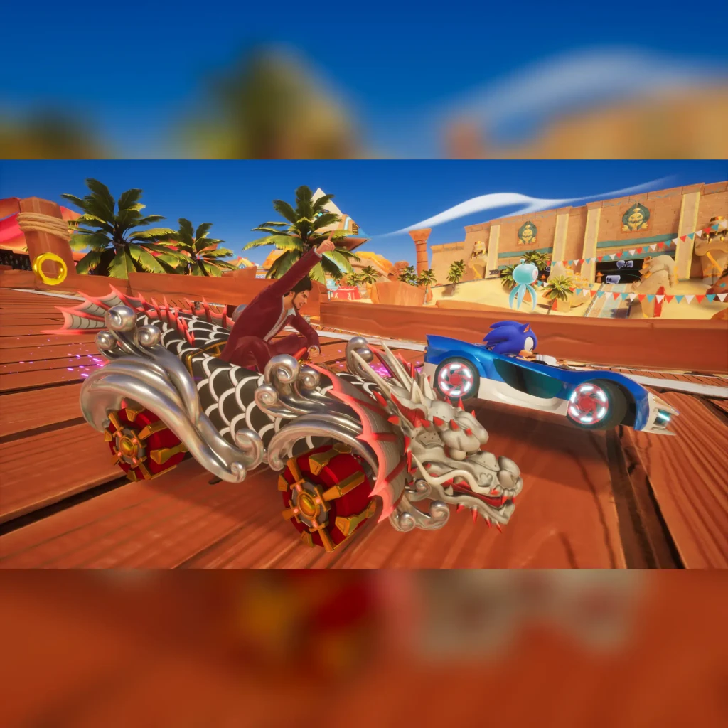 Videojogo SEGA Sonic Racing: CrossWorlds Standard Nintendo Switch 2, em uso: kart dragão prateado e Sonic em kart azul