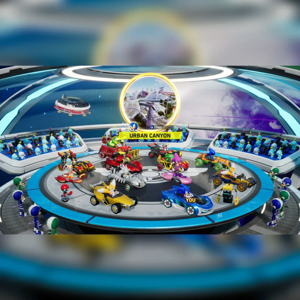 Videojogo SEGA Sonic Racing: CrossWorlds Standard Nintendo Switch 2, em uso: ecrã de seleção do circuito Urban Canyon
