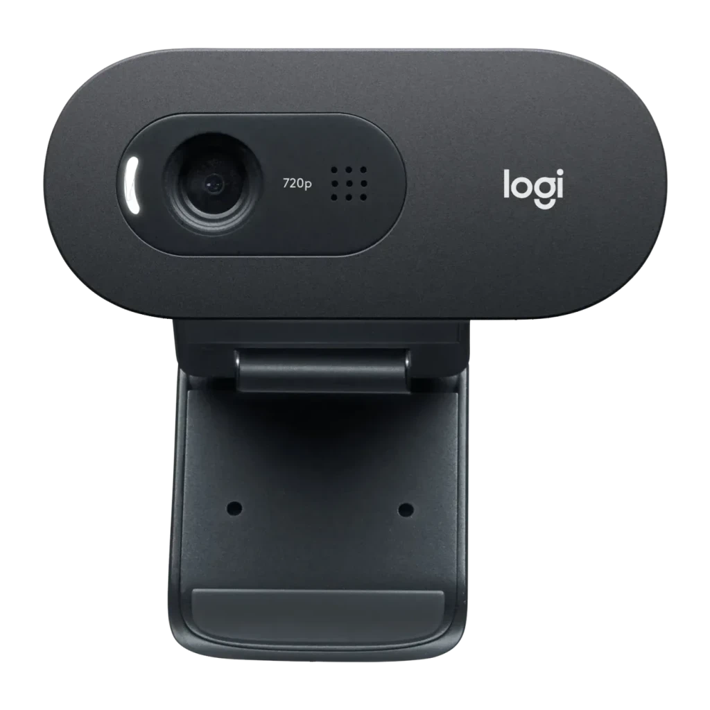 Webcam Logitech C505 HD 720p avec Microphone USB Graphite, détail avant: objectif, étiquette 720p et logo logi visibles