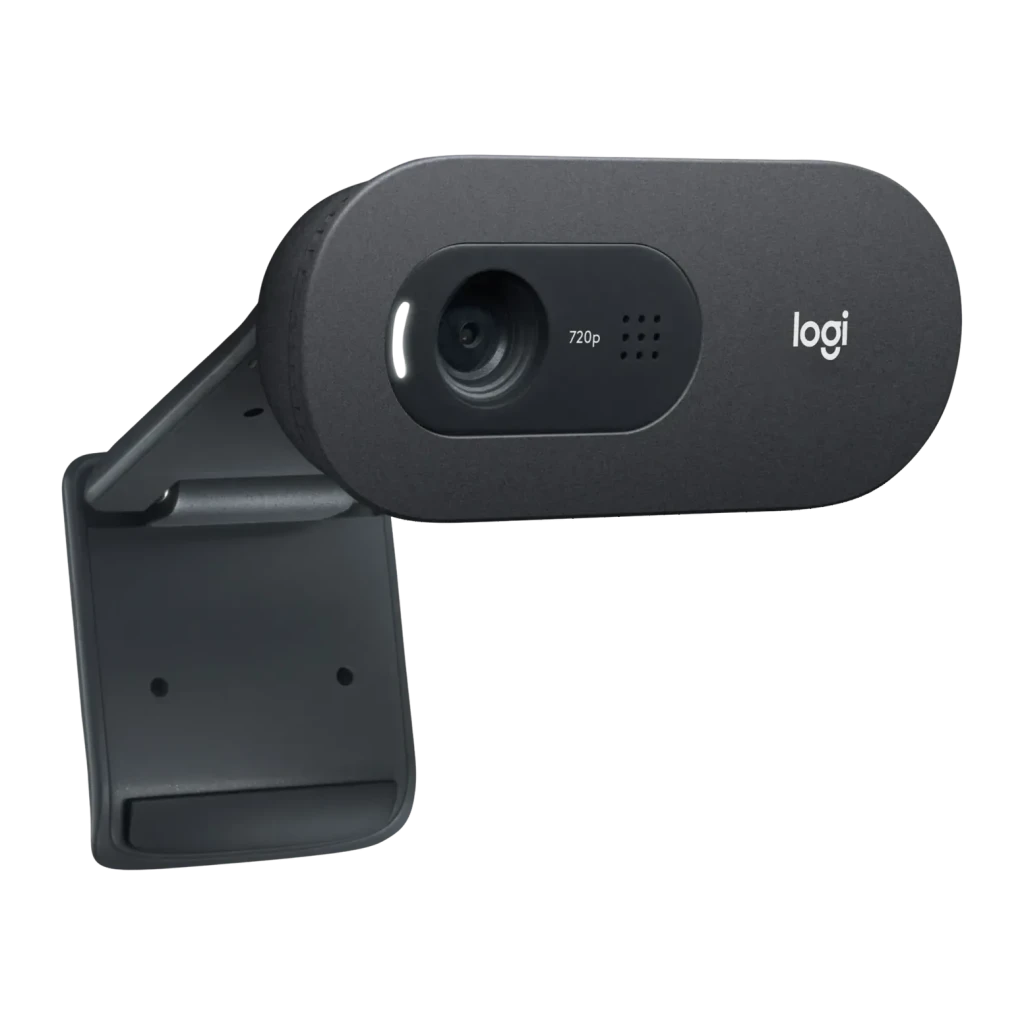 Webcam Logitech C505 HD 720p avec Microphone USB Graphite, détail: objectif, grille micro, logo logi et clip de fixation