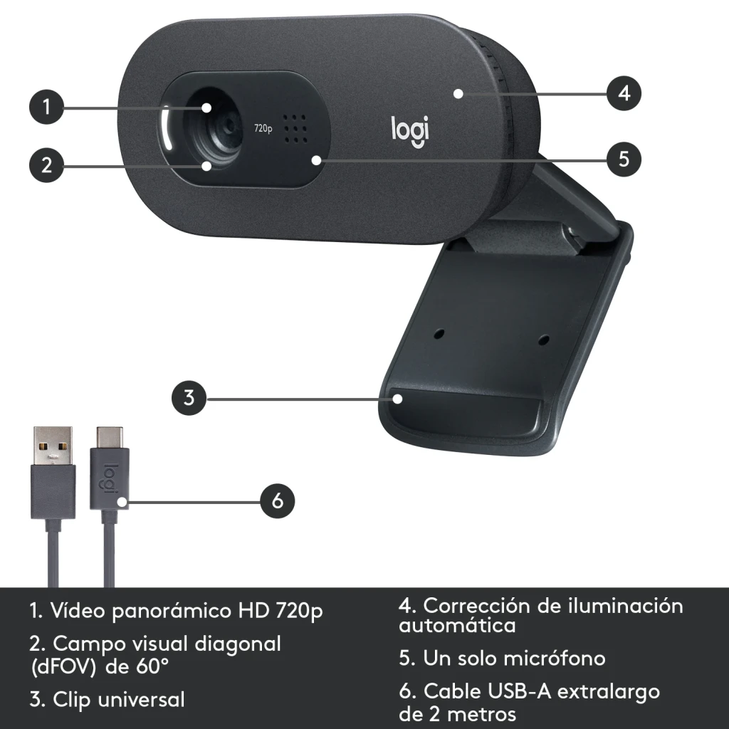 Webcam Logitech C505 HD 720p avec Microphone USB Graphite, schéma: pièces numérotées, objectif, clip et câble USB-A 2 m