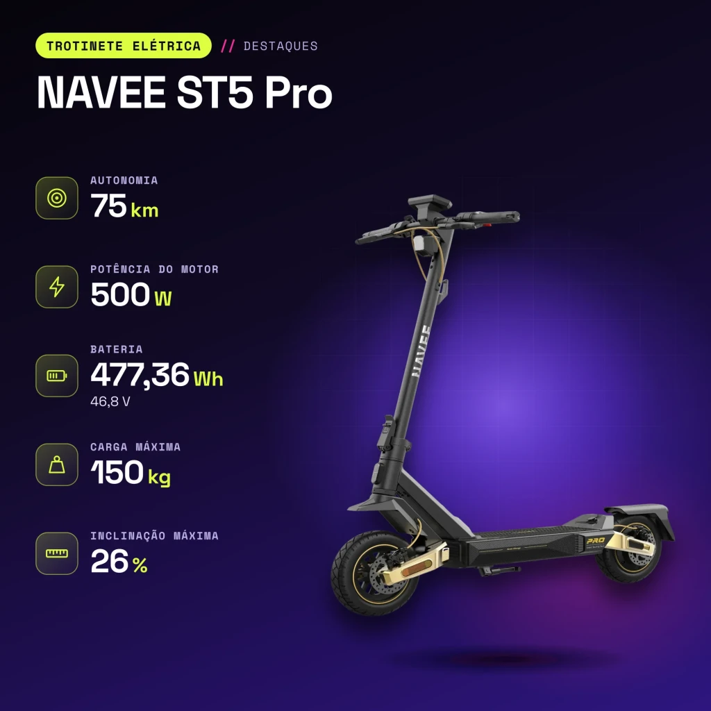 Patinete eléctrico NAVEE ST5 Pro 500W 75km 20km/h 10 pulgadas Negro - características