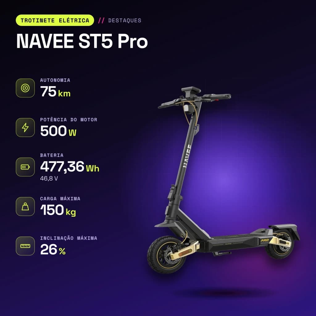 Patinete eléctrico NAVEE ST5 Pro 500W 75km 20km/h 10 pulgadas Negro - características