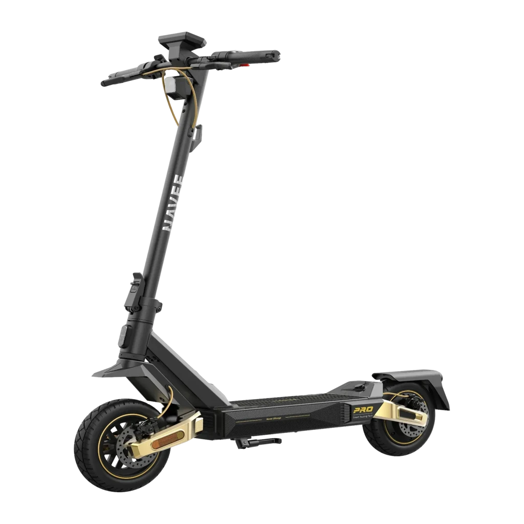 Patinete eléctrico NAVEE ST5 Pro 500W 75km 20km/h 10 pulgadas Negro, vista frontal: manillar, deck y ruedas con detalles