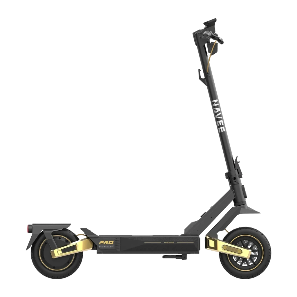 Patinete eléctrico NAVEE ST5 Pro 500W 75km 20km/h 10 pulgadas Negro, detalle: vista lateral completa con acabados dorados