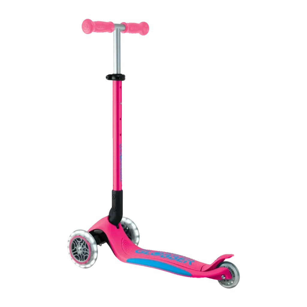 Patinete infantil Globber Primo Foldable Plus Lights Plegable 3 ruedas Luces 3-9 años Rosa, vista trasera: manillar T, poste