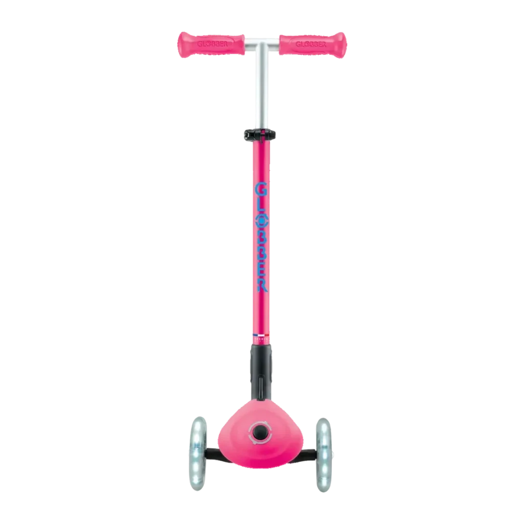 Patinete infantil Globber Primo Foldable Plus Lights Plegable 3 ruedas Luces 3-9 años Rosa, detalle frontal: manillar rosa