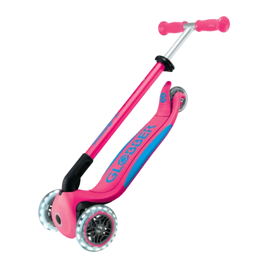 Patinete infantil Globber Primo Foldable Plus Lights Plegable 3 ruedas Luces 3-9 años Rosa, detalle: manillar plegado, tabla