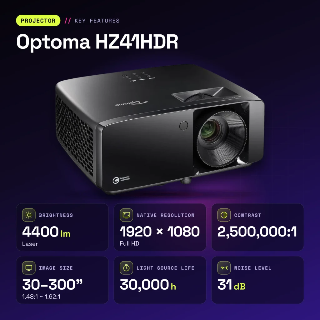 Projetor Optoma Laser Full HD 1080p 4400 Lúmens ANSI DLP Preto HZ41HDR - características