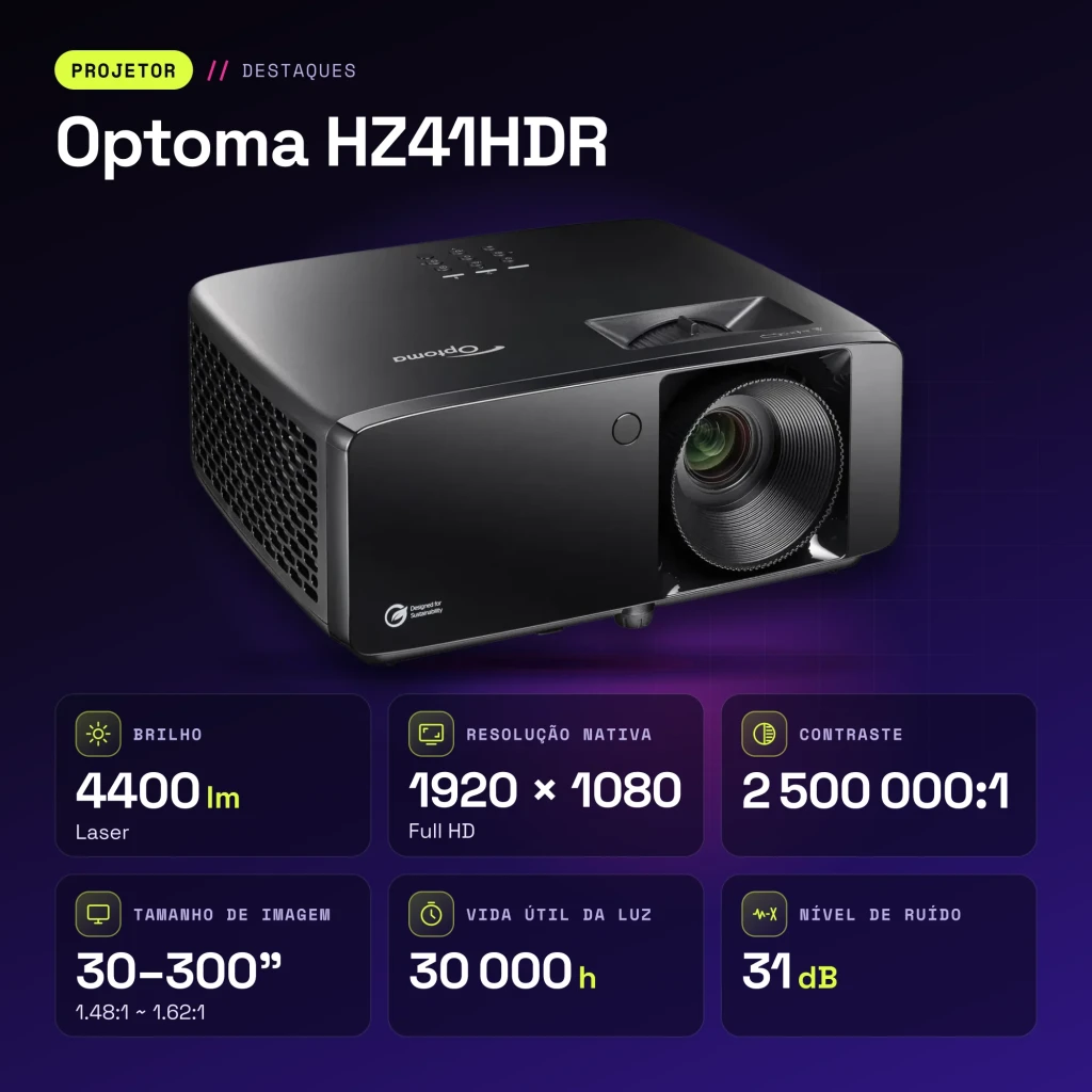 Projetor Optoma Laser Full HD 1080p 4400 Lúmens ANSI DLP Preto HZ41HDR - características