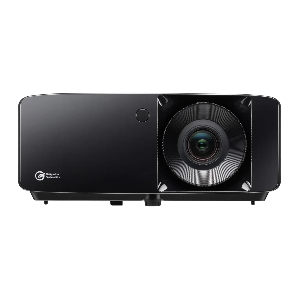 Projetor Optoma Laser Full HD 1080p 4400 Lúmens ANSI DLP Preto HZ41HDR, detalhe frontal: objetiva e corpo preto brilhante