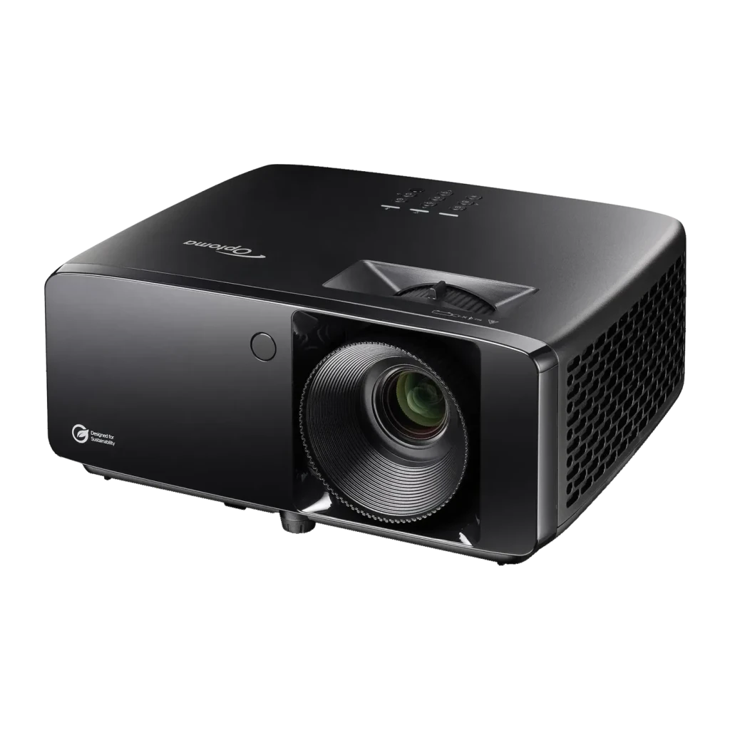 Projetor Optoma Laser Full HD 1080p 4400 Lúmens ANSI DLP Preto HZ41HDR, detalhe: objetiva com anel de foco, grelha lateral