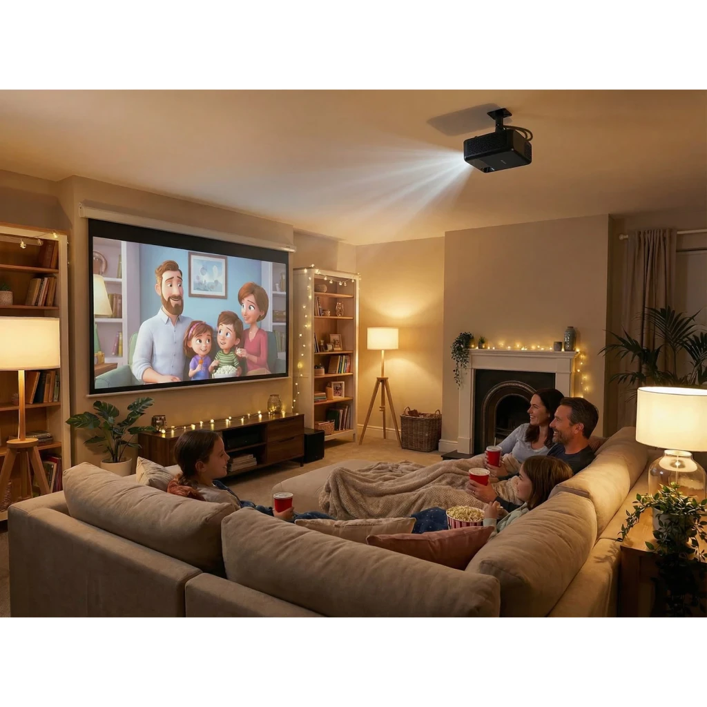 Projetor Optoma Laser Full HD 1080p 4400 Lúmens ANSI DLP Preto HZ41HDR, em uso: montado no teto projetando filme animado