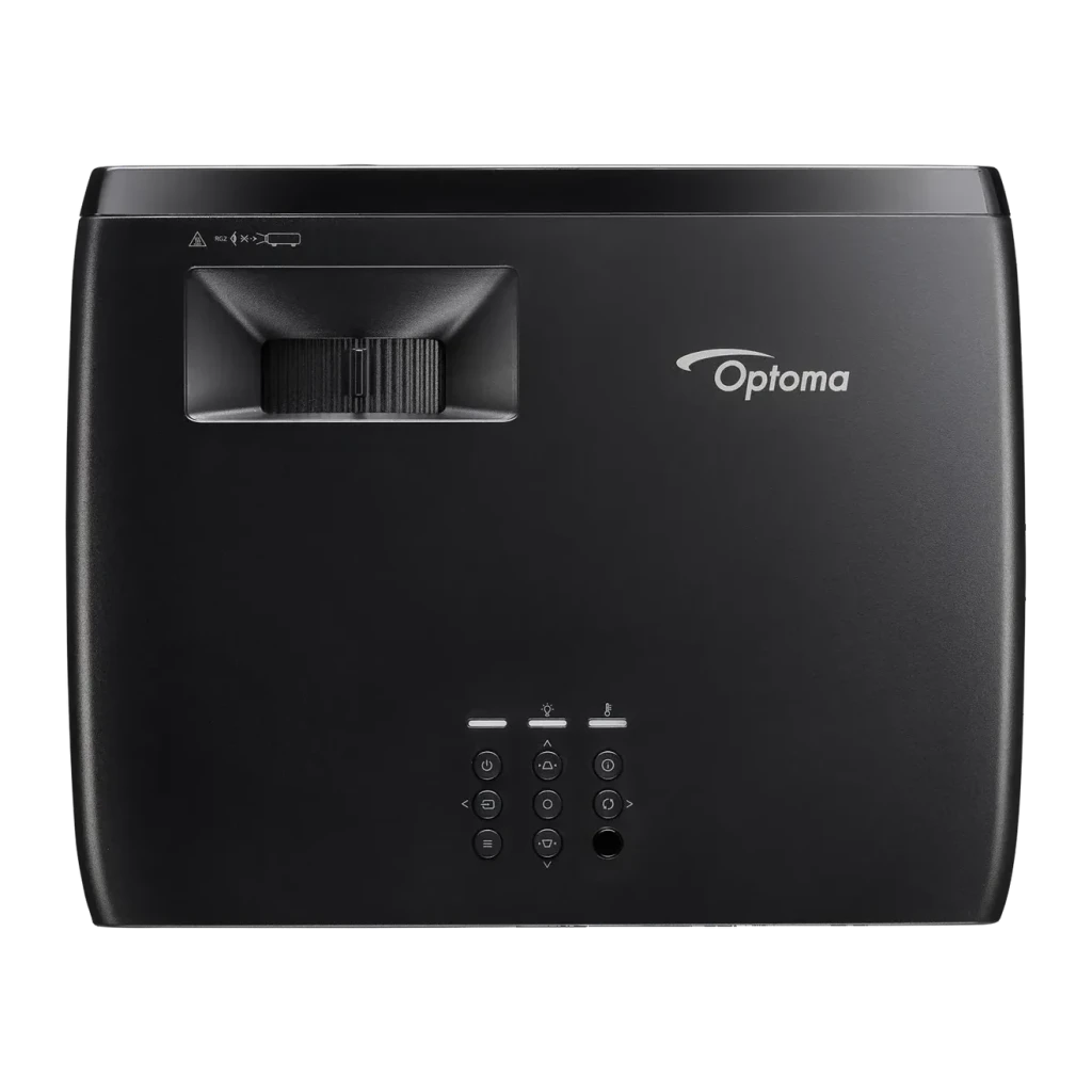 Projetor Optoma Laser Full HD 1080p 4400 Lúmens ANSI DLP Preto HZ41HDR, detalhe: vista superior com painel de botões e roda