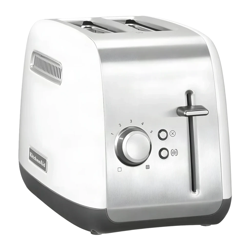 Tostadora KitchenAid 1100W 2 Ranuras Blanco 5KMT2115EWH, vista frontal: cuerpo blanco con panel acero, mando tostado
