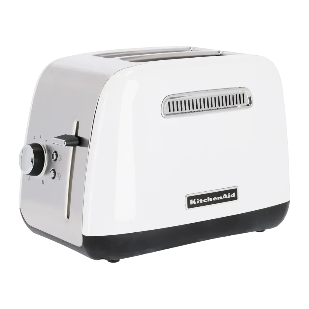 Tostadora KitchenAid 1100W 2 Ranuras Blanco 5KMT2115EWH, detalle: vista lateral con mando de tostado, botones de función