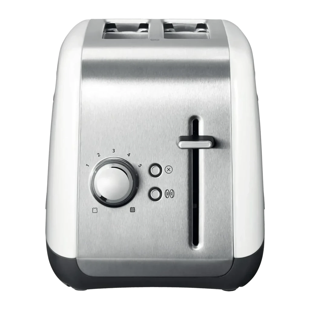 Tostadora KitchenAid 1100W 2 Ranuras Blanco 5KMT2115EWH, detalle frontal: mando de 5 niveles, botones y palanca en acero