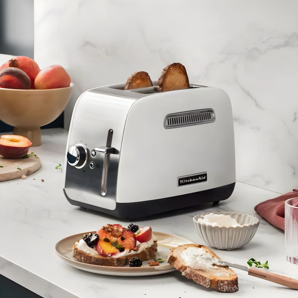Tostadora KitchenAid 1100W 2 Ranuras Blanco 5KMT2115EWH, en uso: tostadas saliendo de las ranuras sobre encimera de mármol