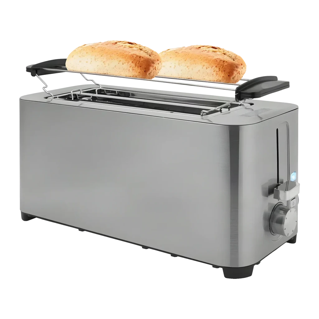 Tostadora Princess 1400W 4 Rebanadas Acero Inoxidable 142402, detalle: rejilla superior con dos panecillos tostados y mando