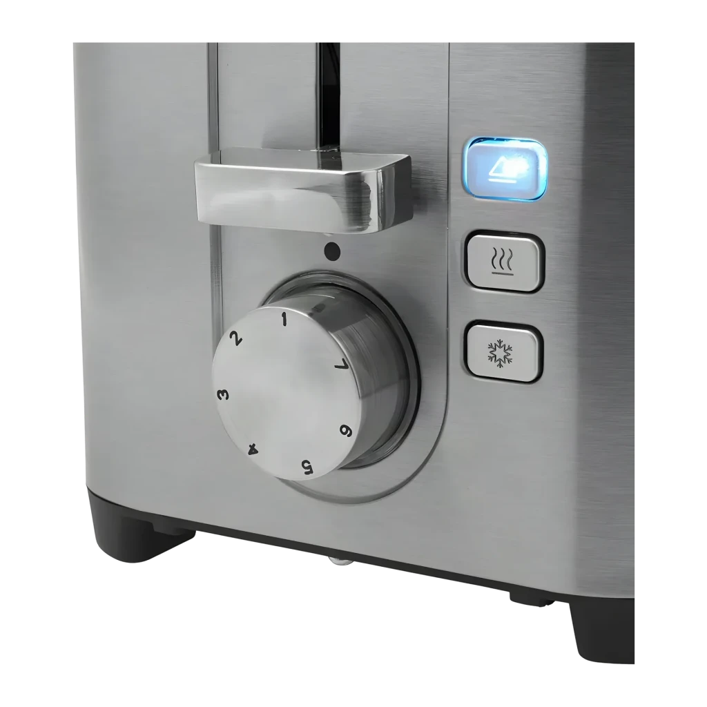 Tostadora Princess 1400W 4 Rebanadas Acero Inoxidable 142402, detalle: mando selector de tostado, palanca y botones con luz