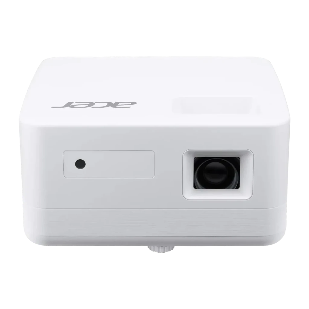 Proyector Acer 4K UHD 1000 Lúmenes ANSI LED DLP Blanco PD1800, vista frontal: lente de proyección y logo Acer en cuerpo