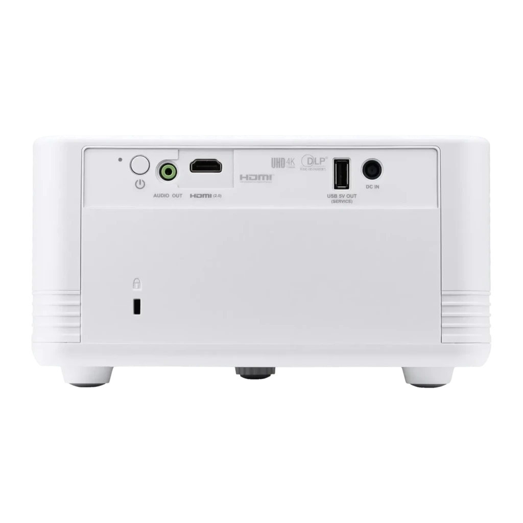 Proyector Acer 4K UHD 1000 Lúmenes ANSI LED DLP Blanco PD1800, vista trasera: puertos HDMI 2.0, audio out, USB y DC IN