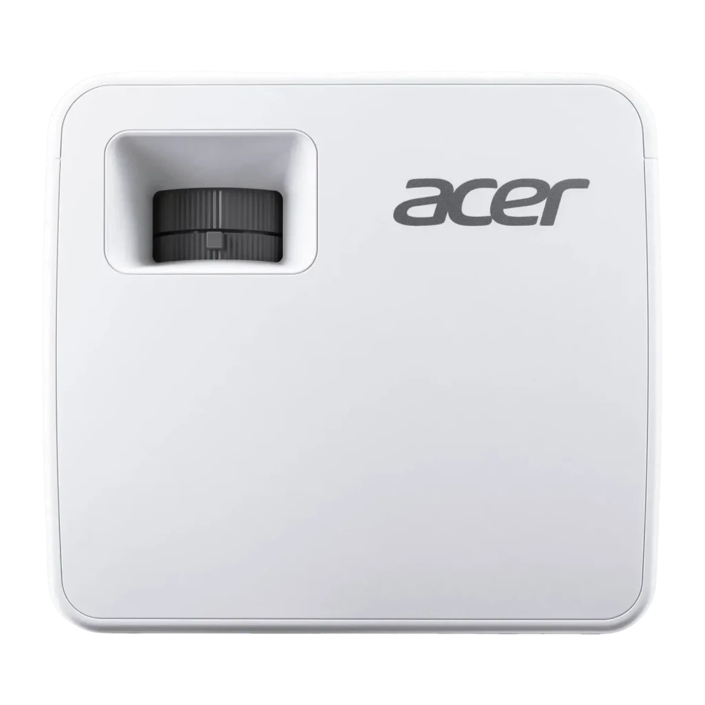 Proyector Acer 4K UHD 1000 Lúmenes ANSI LED DLP Blanco PD1800, detalle: vista superior con lente negra y logo Acer