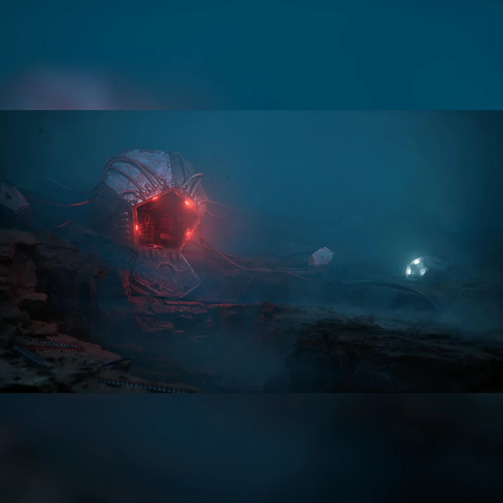 Videojuego Bandai Namco Cronos: The New Dawn Edición Estándar PS5, en uso: criatura mecánica con núcleo rojo en paisaje