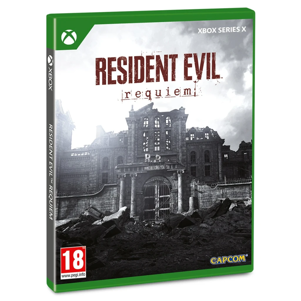 Videojuego Capcom Resident Evil Requiem Xbox Series X, vista frontal: caja verde con edificio en ruinas en blanco y negro