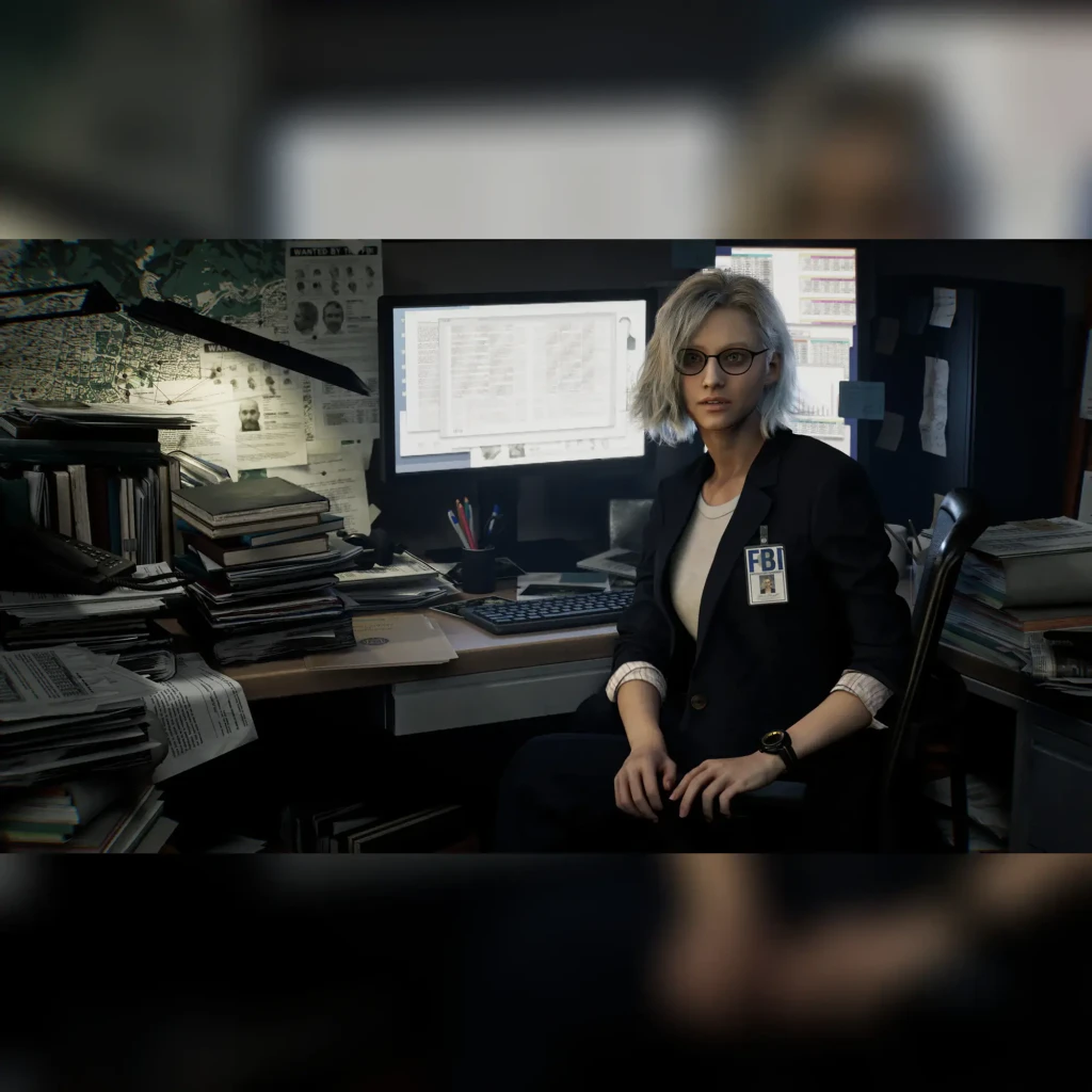 Videojuego Capcom Resident Evil Requiem Xbox Series X, en uso: agente FBI con gafas en escritorio lleno de archivos y monitor