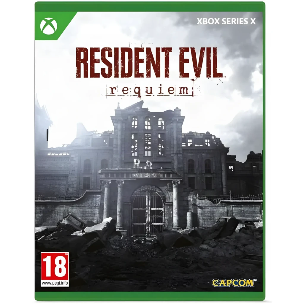 Videojuego Capcom Resident Evil Requiem Xbox Series X, detalle: carátula frontal con edificio en ruinas, logo rojo