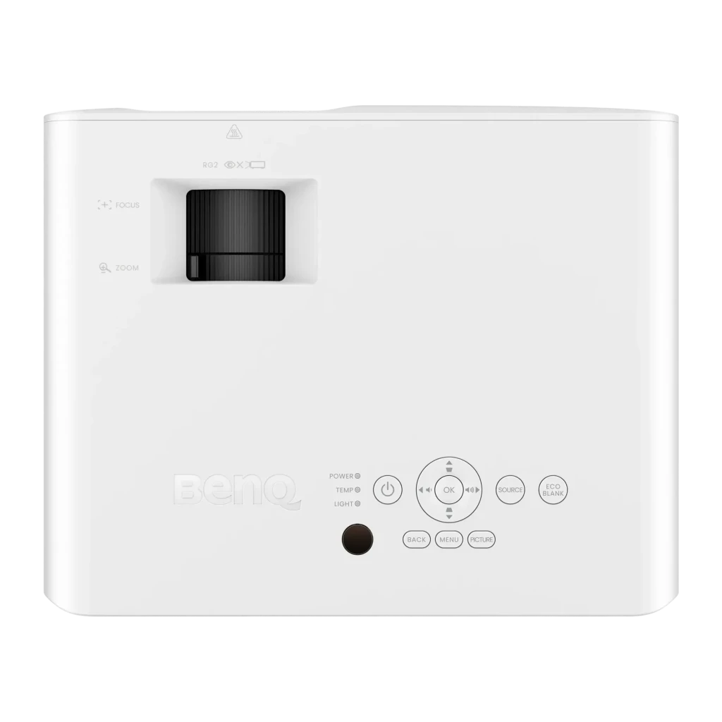 Projecteur BenQ Laser 1080p 5000 Lumens ANSI DLP Blanc LH740, détail dessus: objectif, boutons et logo BenQ