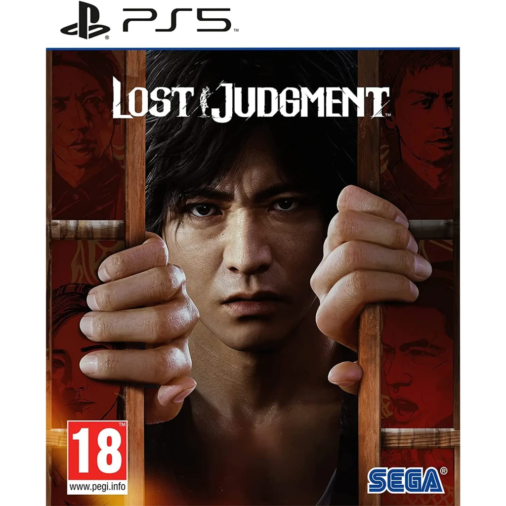 Sega Lost Judgment Standard PS5, vue de face: jaquette avec protagoniste agrippant des barreaux, fond rouge et logo PS5