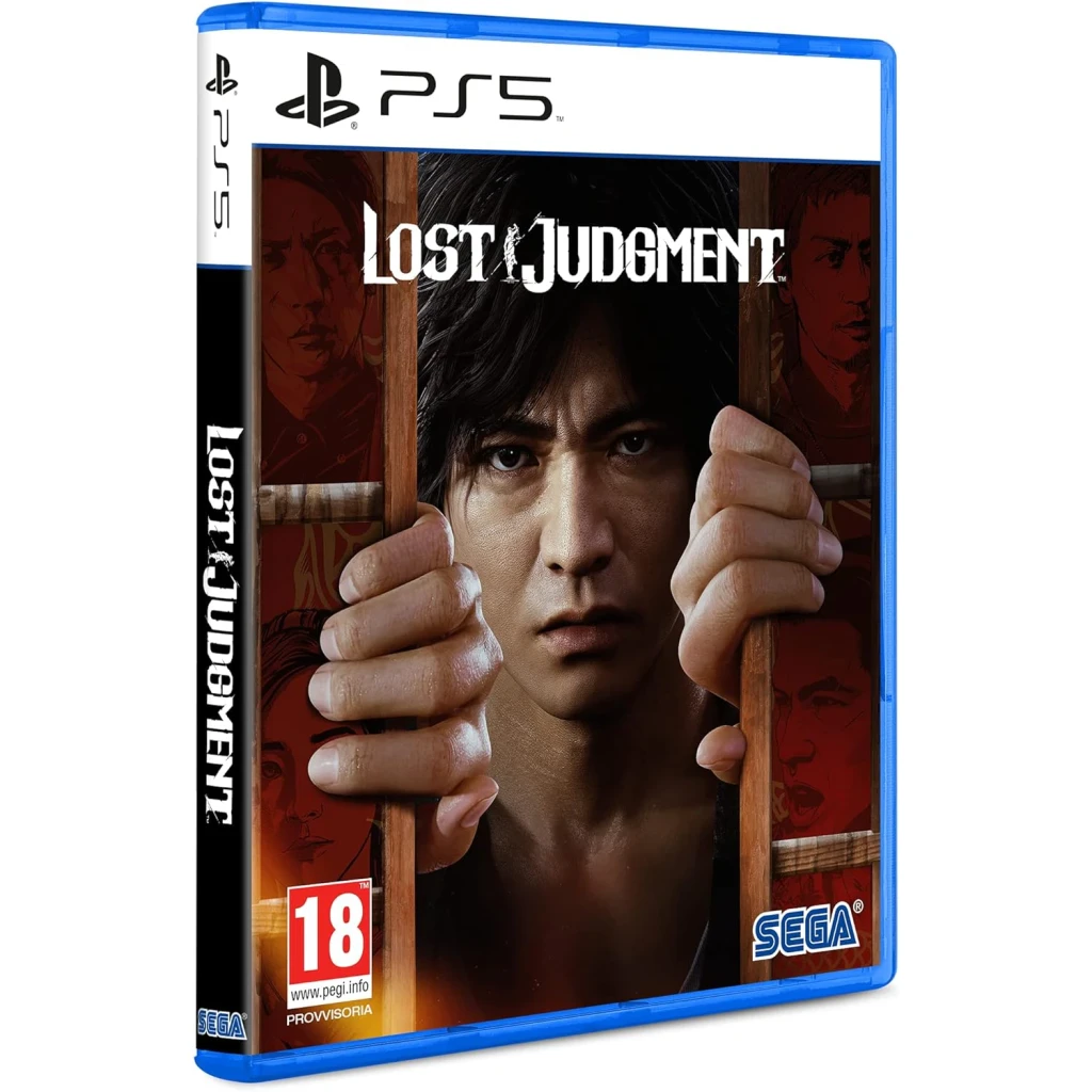 Sega Lost Judgment Standard PS5, détail: boîtier en angle avec couverture du protagoniste agrippant des barreaux et tranche