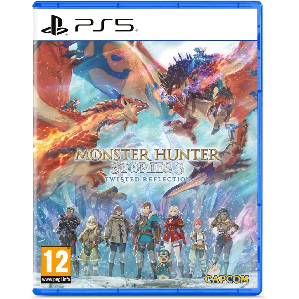 Videojuego Capcom Monster Hunter Stories 3: Twisted Reflection PS5, vista frontal: carátula con personajes y dragones