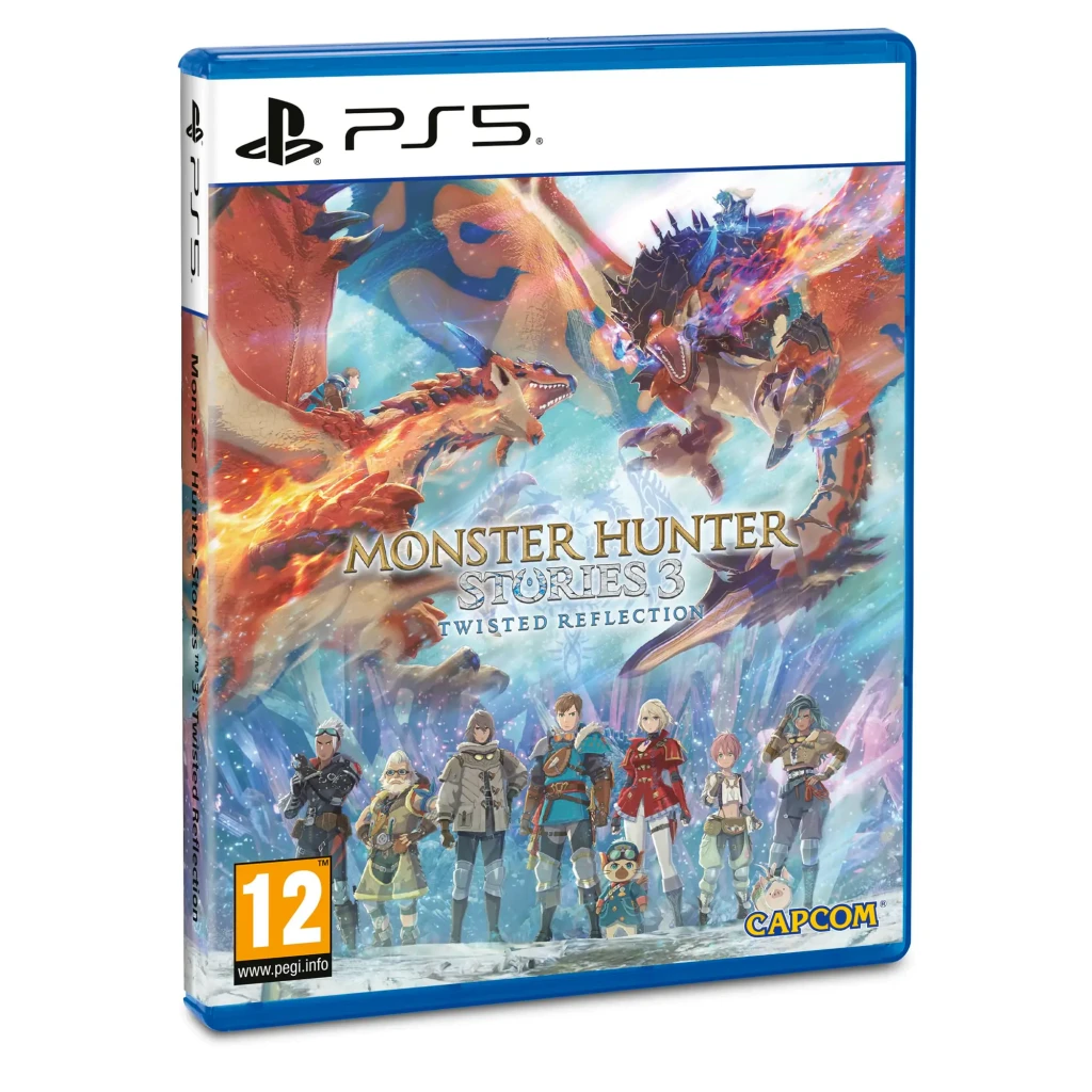 Videojuego Capcom Monster Hunter Stories 3: Twisted Reflection PS5, detalle: caja en ángulo con portada, monstruos