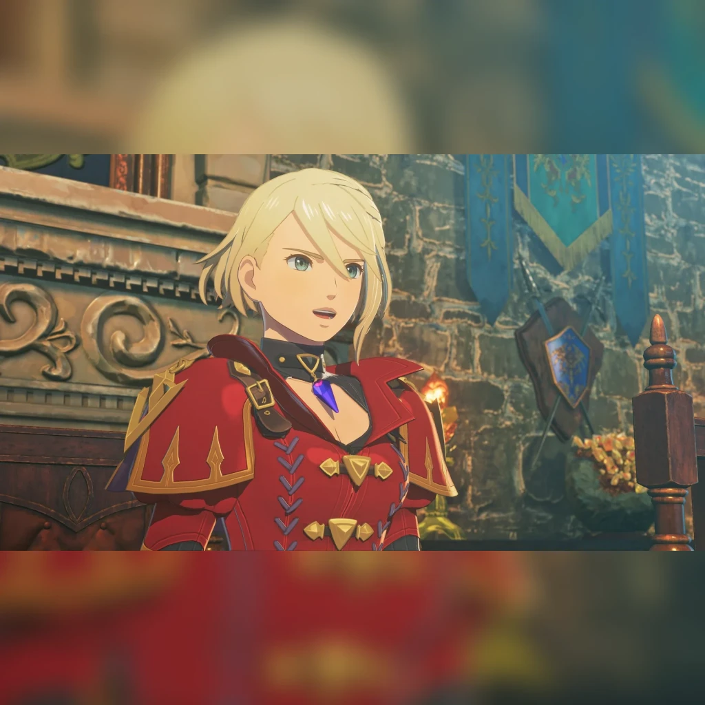 Videojuego Capcom Monster Hunter Stories 3: Twisted Reflection PS5, en uso: personaje femenino con armadura roja y gema azul