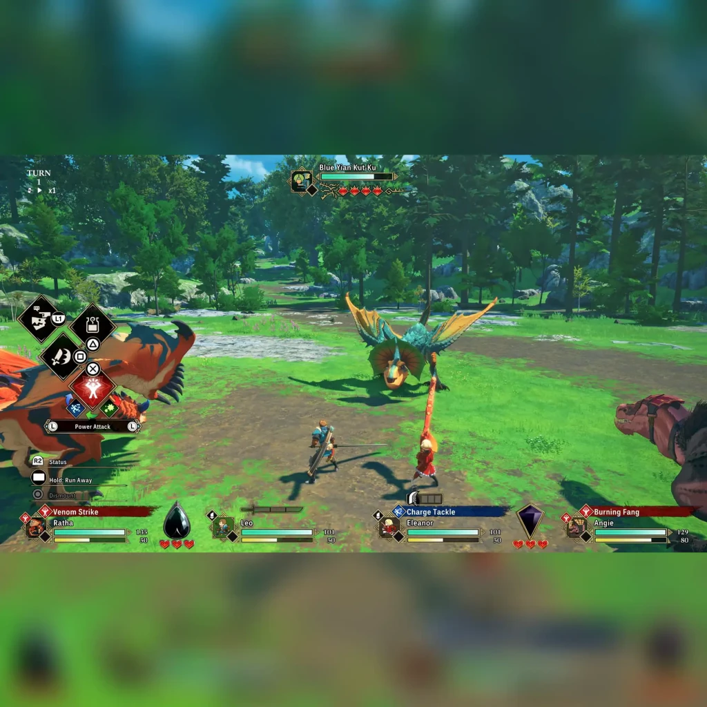 Videojuego Capcom Monster Hunter Stories 3: Twisted Reflection PS5, en uso: combate por turnos contra Blue Yian Kut-Ku