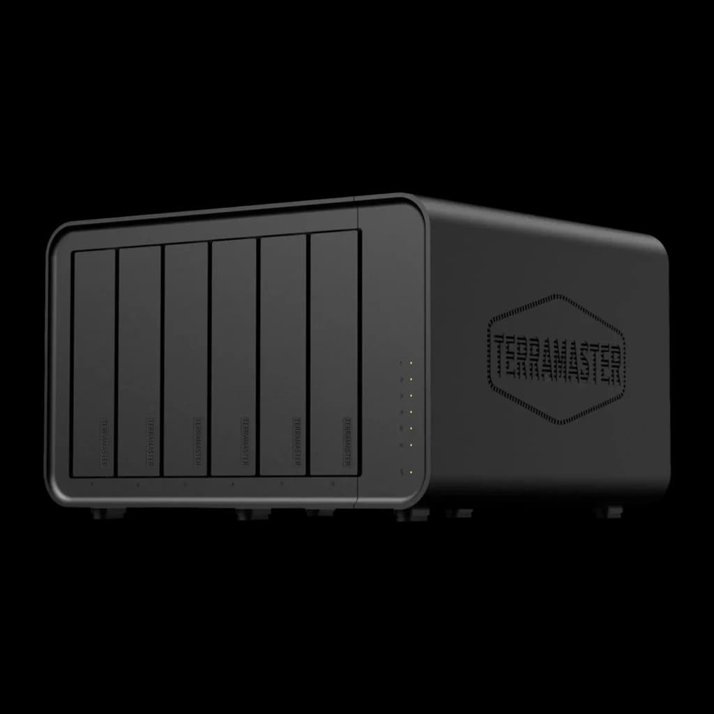 Serveur NAS TerraMaster 8 Go Noir 6 Baies Sans Disques 2× 2,5GbE F6-424, vue avant: châssis noir avec 6 baies et logo