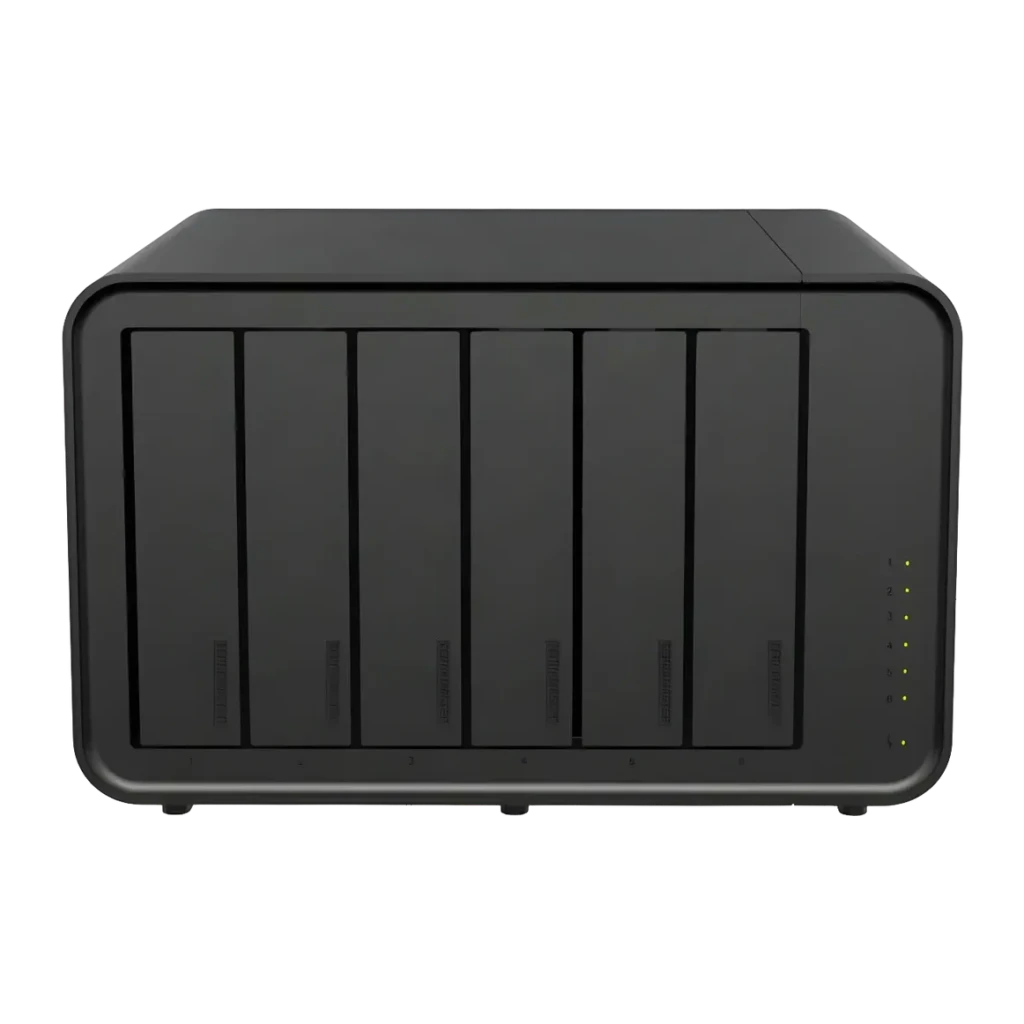 Serveur NAS TerraMaster 8 Go Noir 6 Baies Sans Disques 2× 2,5GbE F6-424, détail avant: 6 baies vides et LEDs de statut