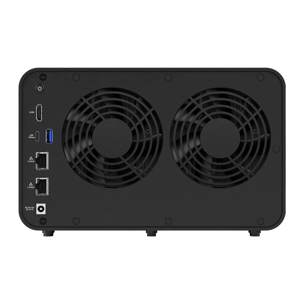 Serveur NAS TerraMaster 8 Go Noir 6 Baies Sans Disques 2× 2,5GbE F6-424, vue arrière: deux ventilateurs, ports HDMI, USB-C