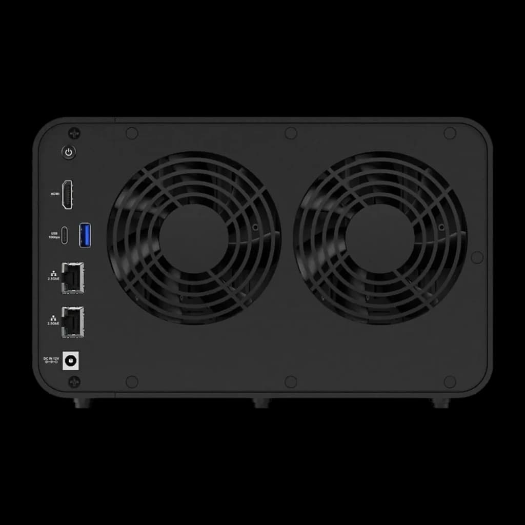 Serveur NAS TerraMaster 8 Go Noir 6 Baies Sans Disques 2× 2,5GbE F6-424, vue arrière: deux ventilateurs, ports HDMI, USB-C