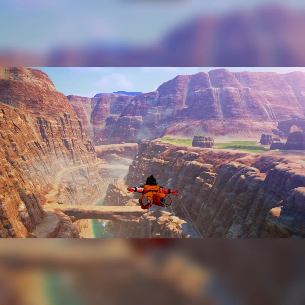 Videojuego Bandai Namco Dragon Ball Z: Kakarot Estándar PS5, en uso: Goku volando sobre cañón rocoso con río y valle al fondo