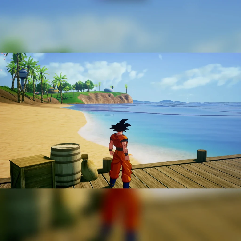 Videojuego Bandai Namco Dragon Ball Z: Kakarot Estándar PS5, en uso: Goku de espaldas en un muelle frente a playa tropical