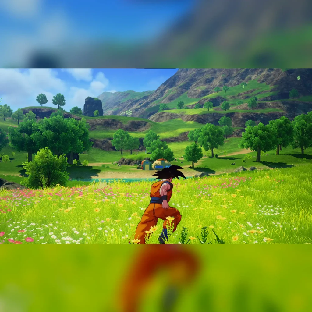 Videojuego Bandai Namco Dragon Ball Z: Kakarot Estándar PS5, en uso: Goku de espaldas en pradera florida con montañas