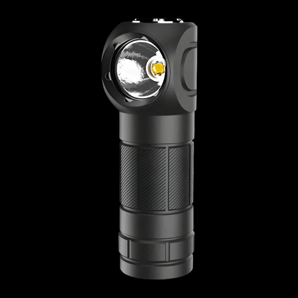 Linterna LED Superfire TH03 Negro Recargable USB-C 460 lúmenes 104m, detalle: cabezal en ángulo 90° con LED central y botón