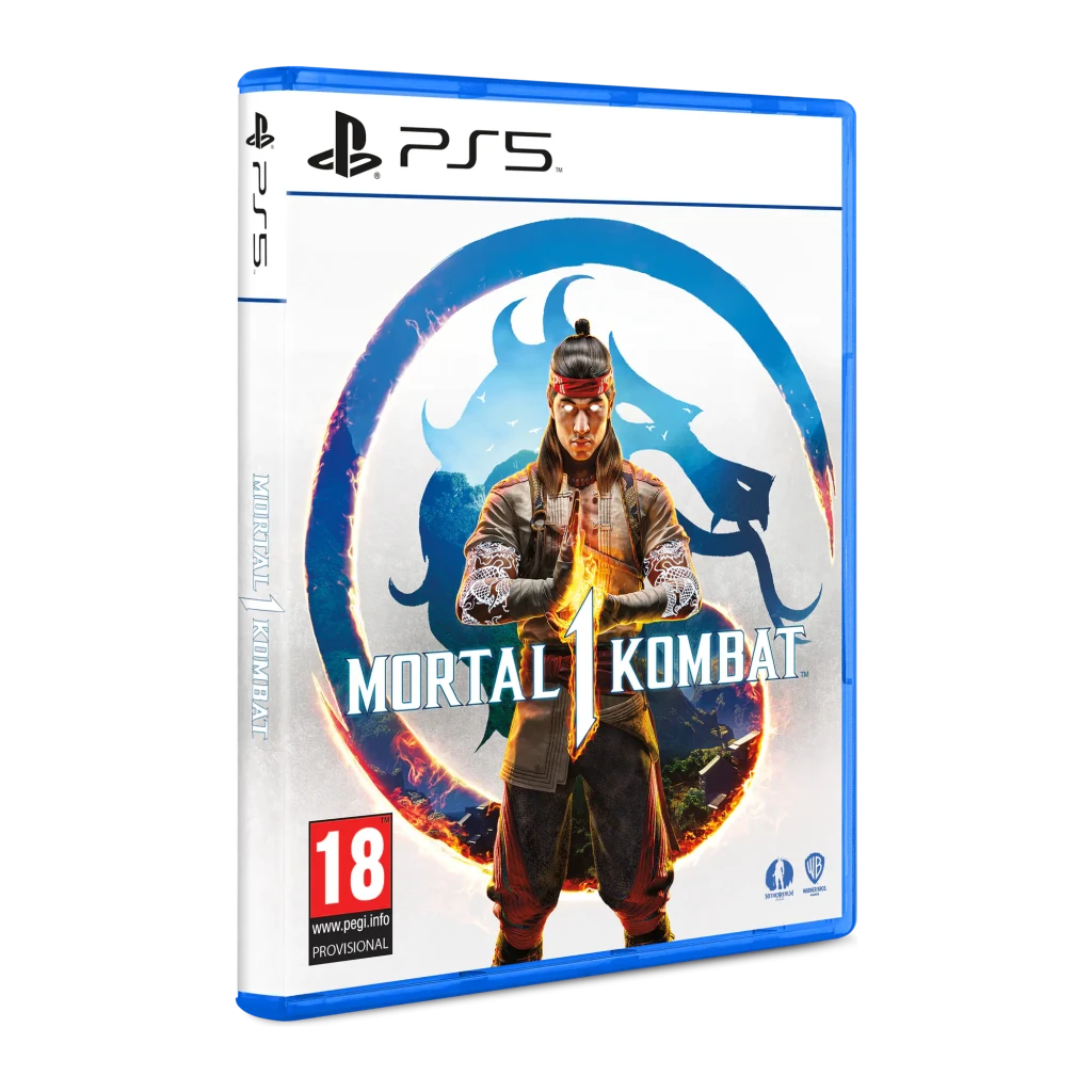 Videojogo Warner Bros Mortal Kombat 1 Standard Edition PS5, vista frontal: caixa azul PS5 com Liu Kang e logo dragão