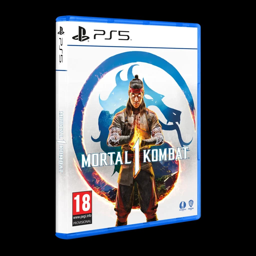 Videojogo Warner Bros Mortal Kombat 1 Standard Edition PS5, vista frontal: caixa azul PS5 com Liu Kang e logo dragão
