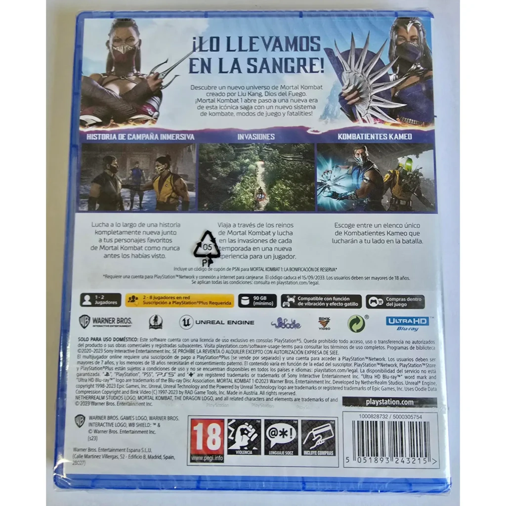 Videojogo Warner Bros Mortal Kombat 1 Standard Edition PS5, vista traseira: contracapa em espanhol com descrição, ícones