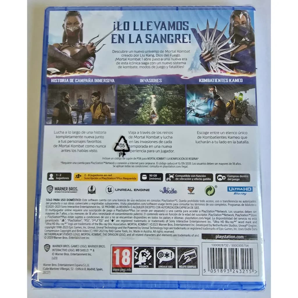 Videojogo Warner Bros Mortal Kombat 1 Standard Edition PS5, vista traseira: contracapa em espanhol com descrição, ícones